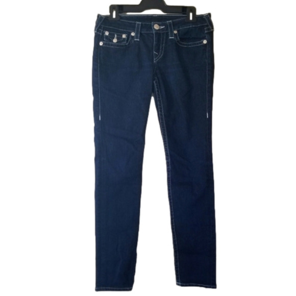True Religion Dark Wash Skinny ami-Rise Bejewelled Denim Jeans Size 29 - Picture 1 of 8
